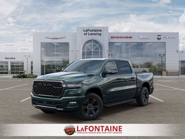 2026 RAM Ram 1500 RAM 1500 BIG HORN CREW CAB 4X4 5'7' BOX in Serrano-Green Metallic Exterior Paint — front three-quarter view
