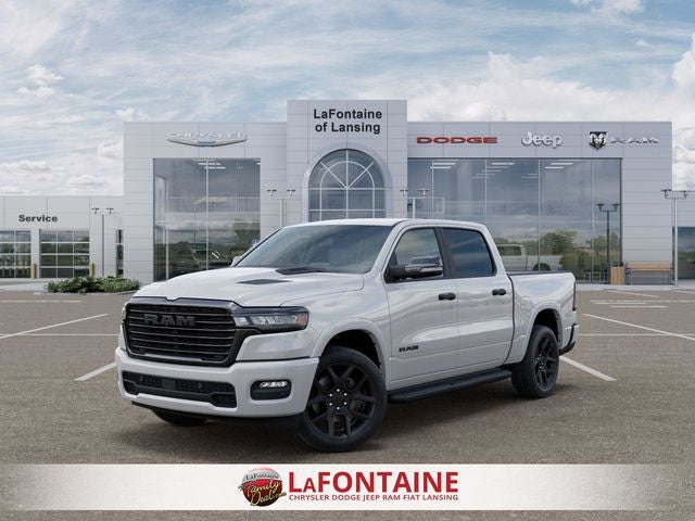 2026 RAM Ram 1500 RAM 1500 LARAMIE CREW CAB 4X4 5'7' BOX in Bright White Clear-Coat Exterior Paint — front three-quarter view