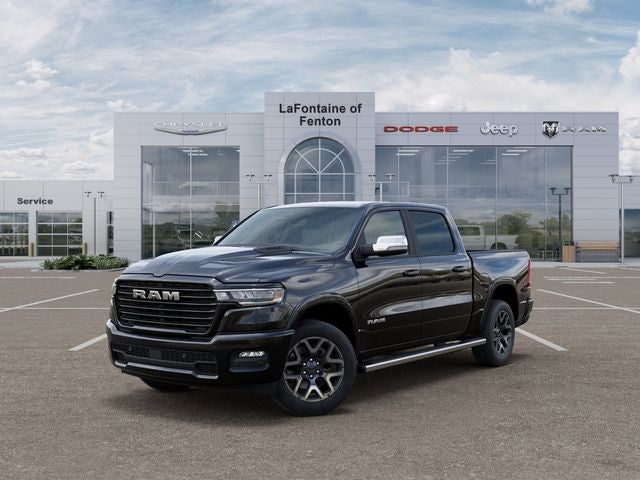 2026 RAM Ram 1500 RAM 1500 LARAMIE CREW CAB 4X4 5'7' BOX in Diamond Black Crystal Pearl-Coat Exterior Paint — front three-quarter view