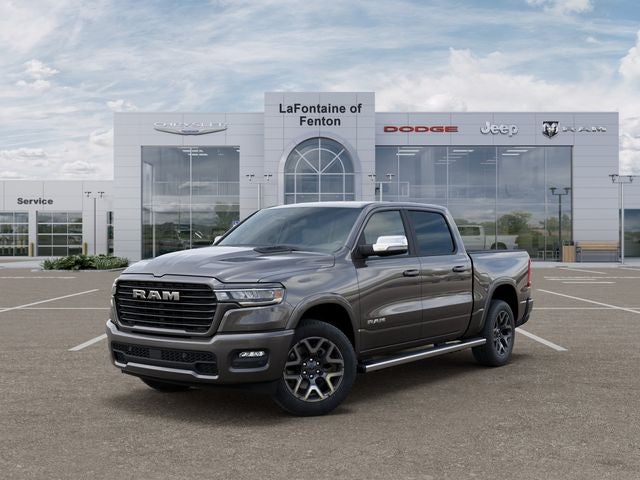 2026 RAM Ram 1500 RAM 1500 LARAMIE CREW CAB 4X4 5'7' BOX in Granite Crystal Metallic Clear-Coat Exterior Paint — front three-quarter view