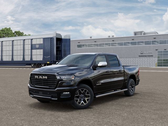 2026 RAM Ram 1500 RAM 1500 LARAMIE CREW CAB 4X4 5'7' BOX in Diamond Black Crystal Pearl-Coat Exterior Paint — front three-quarter view