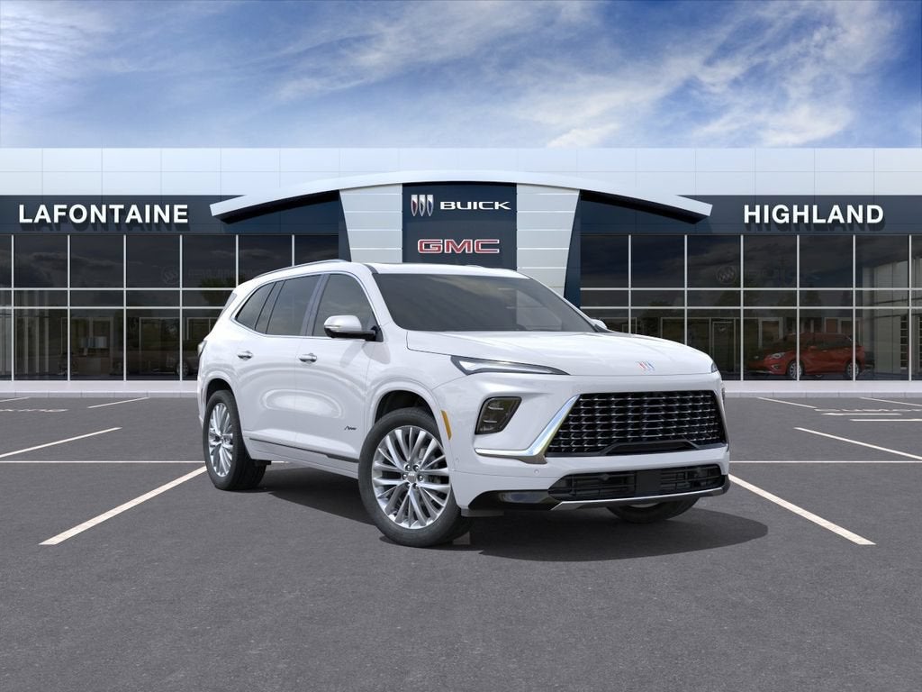 2026 Buick Enclave Avenir in Iridescent White Tricoat — front three-quarter view